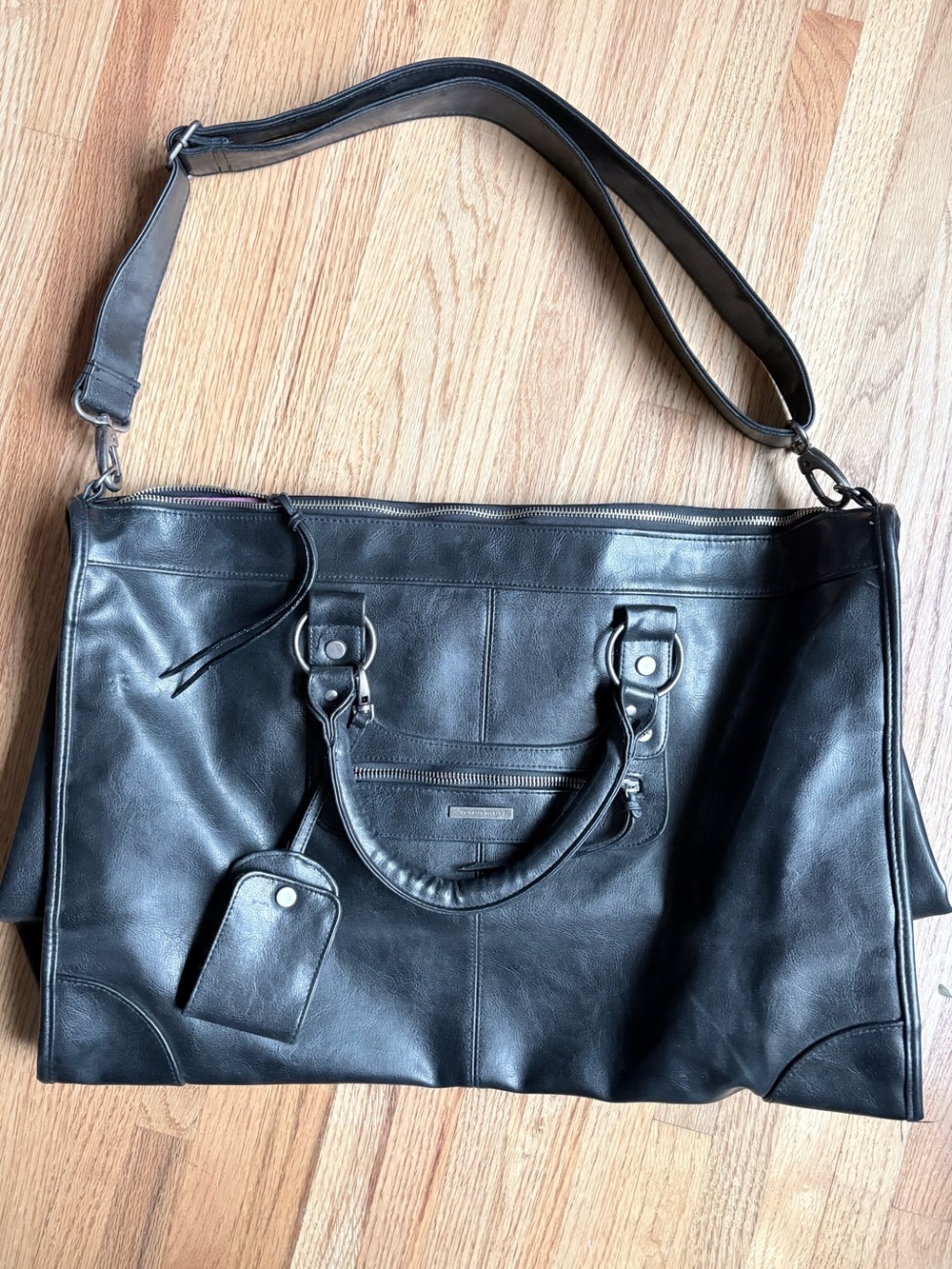 Victoria’s Secret Faux Leather Weekender Tote Bag black pink liner